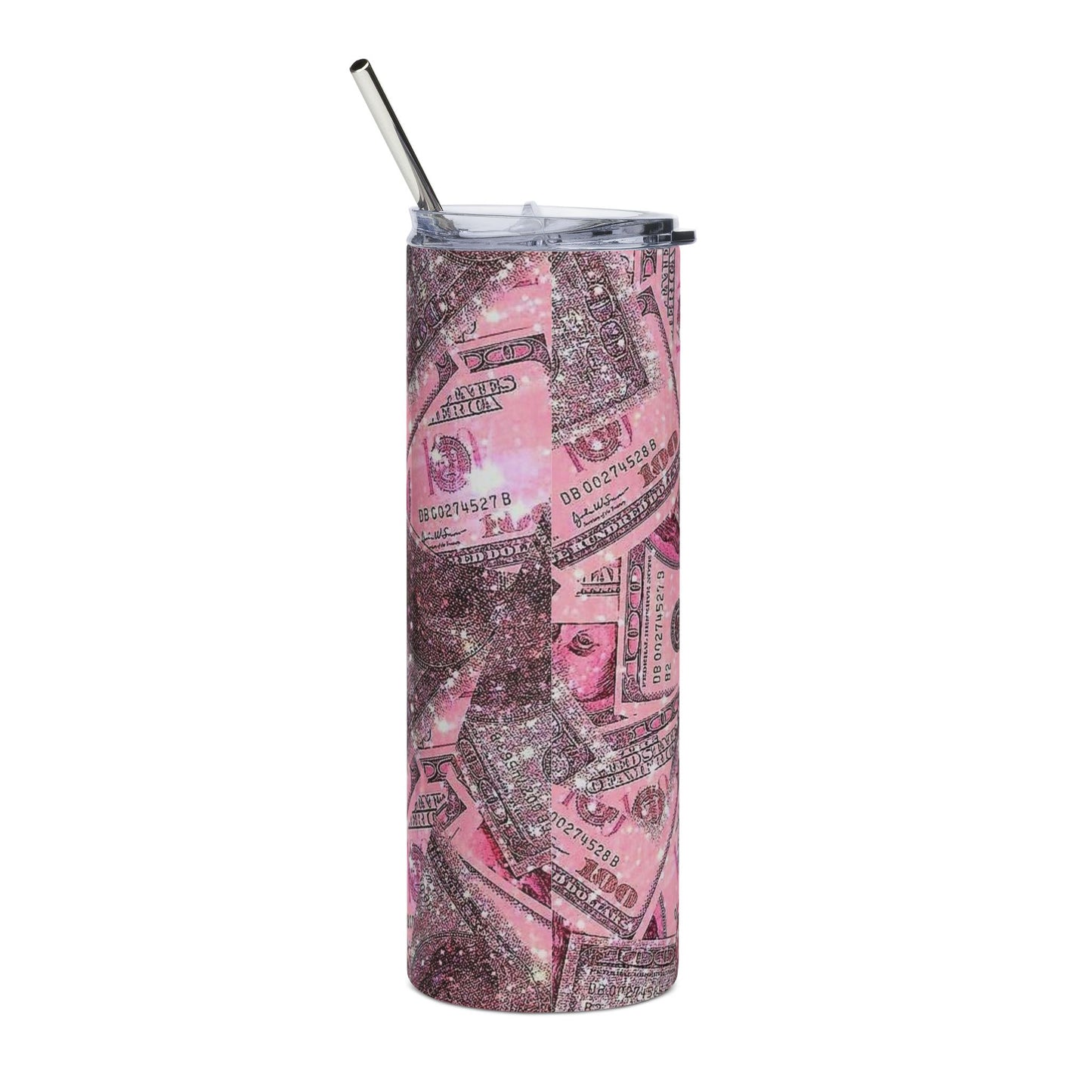 Pink Money Pattern Stainless Steel Tumbler 20oz Glitter Print Cash Design