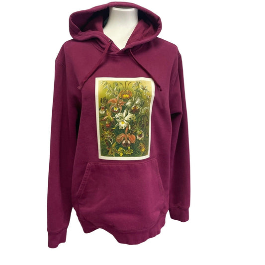 Hand Printed Upcycled Womens Large Vintage Orchid Botanical Flower Hoodie