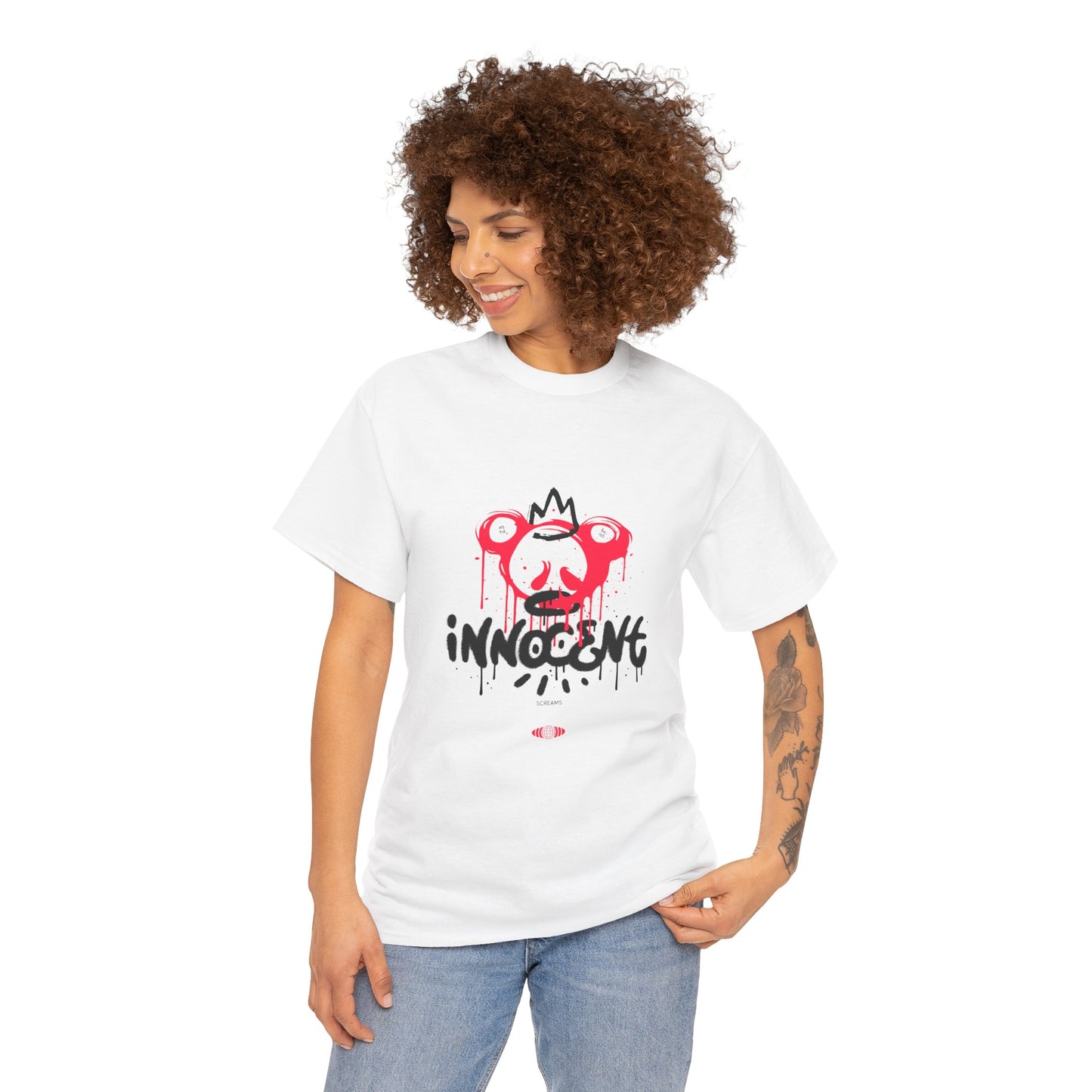 Edgy Graphic Tee: 'Innocent' Design, Urban Fashion, Streetwear, Unisex Cotton T-Shirt, Music Festivals, Casual Wear