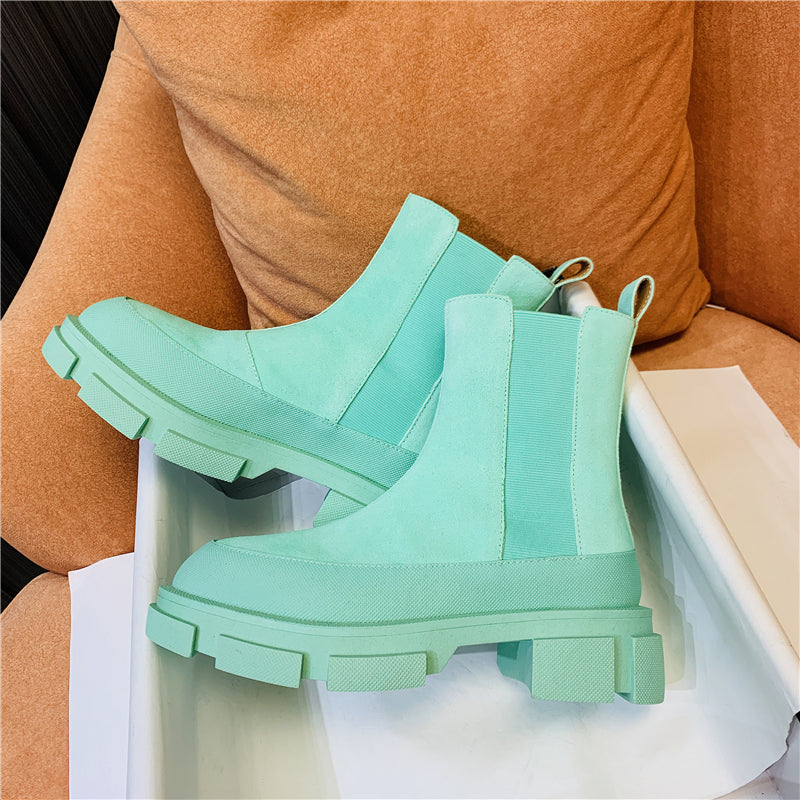 Muffin Thick-Soled Martin Boots Heightened Frosted Suede Chelsea Boots Green Small Short Boots Women's Trend