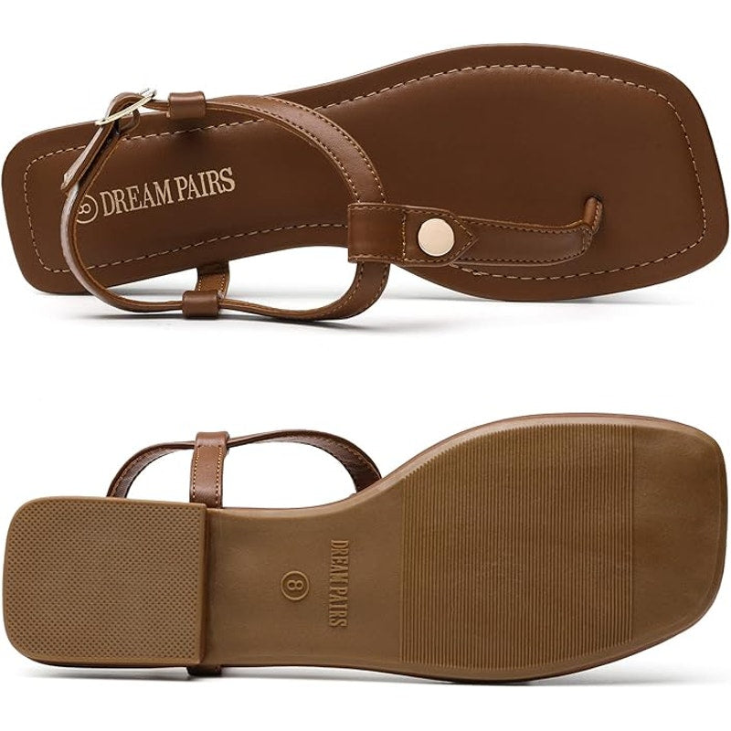 Dream Pairs Womens Size 8.5 Brown T Strap Sandal Flip Flop Square Toe Shoes