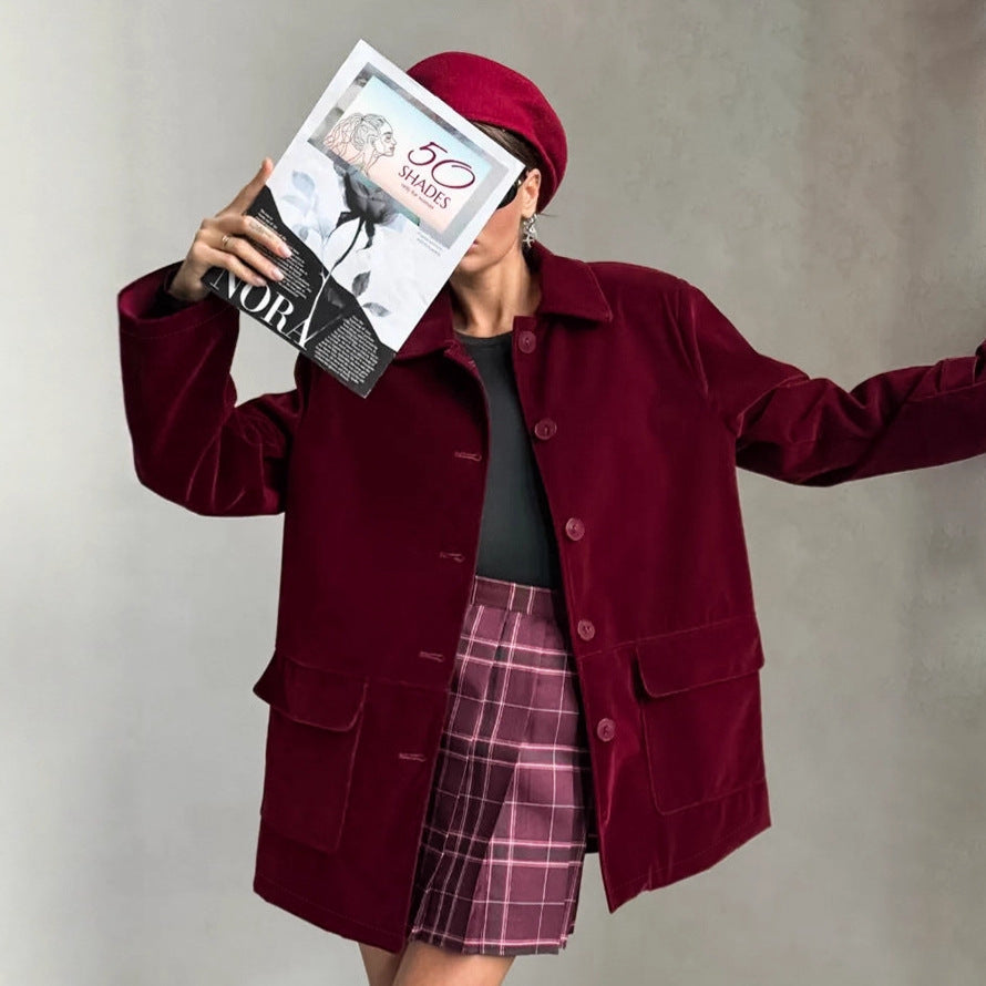 Velvet Jacket Women's  Retro Wine Red Coat High-end Women's Clothing
