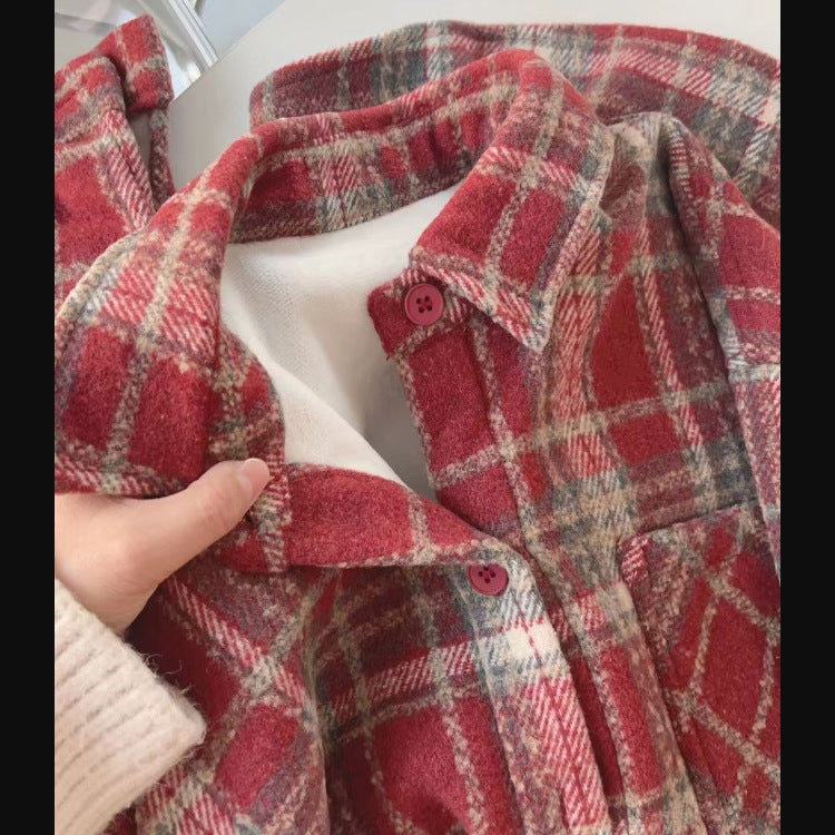 Dopamine Lazy Wine Red Brushed Plaid Shirt Women Loose Casual Slim Fit Blouse Versatile Top