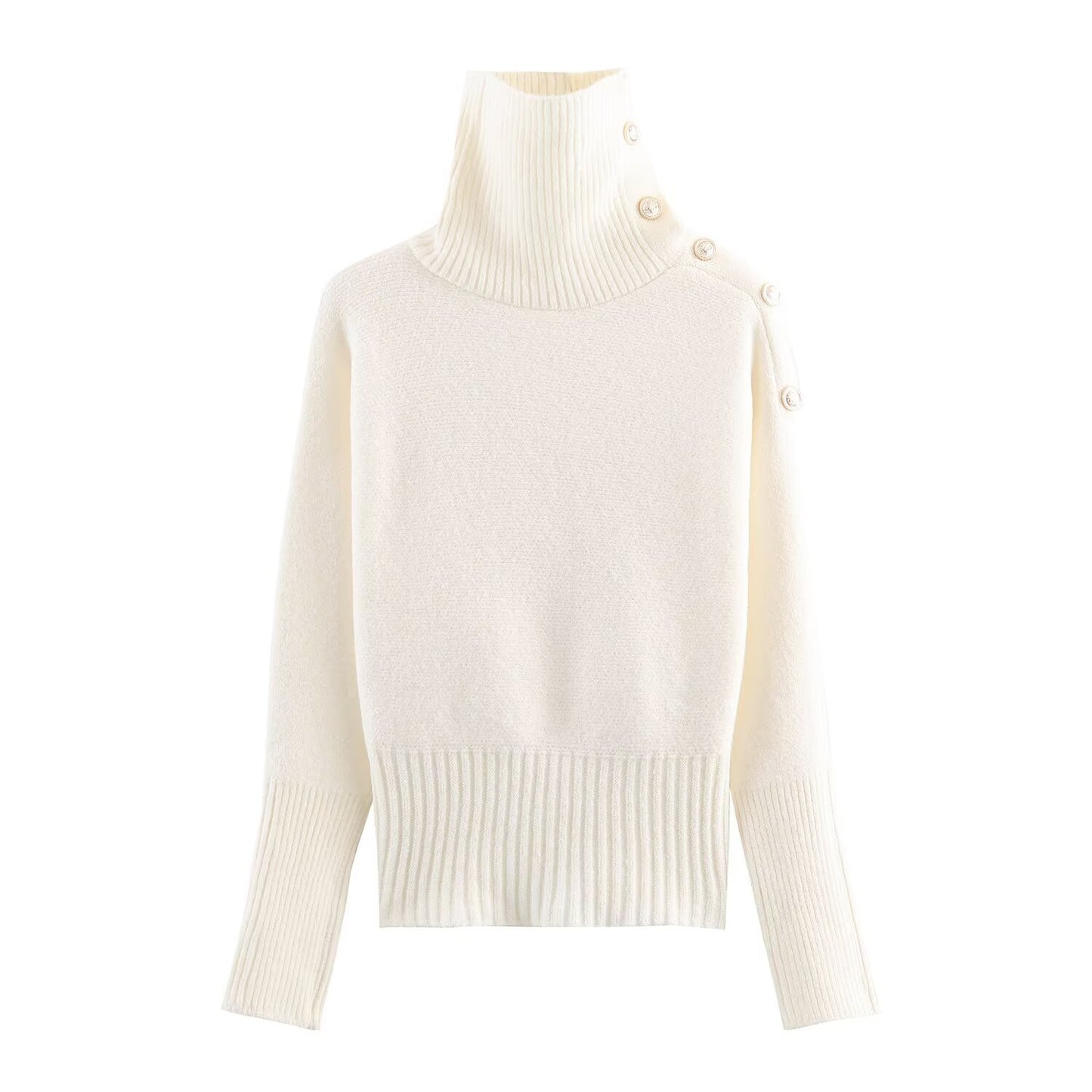 Street casual shoulder button stand up collar knitted sweater