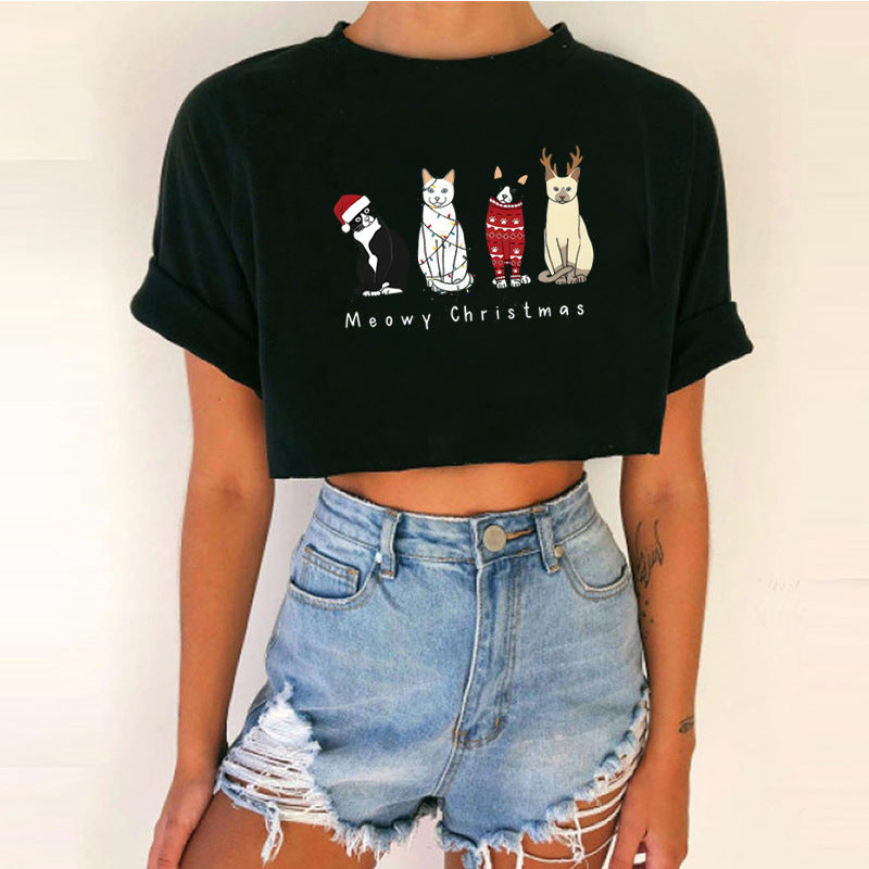 Women's Short Top Christmas Crop Top INS Style Spicy Girl Basic Short Sleeve Round Neck T-Shirt