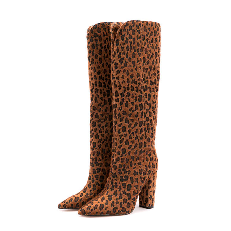 Women's Shoes New Autumn Square High Heel Pointed Toe Black Beige Dress Party Female Knee High Boots Big Size 34-43