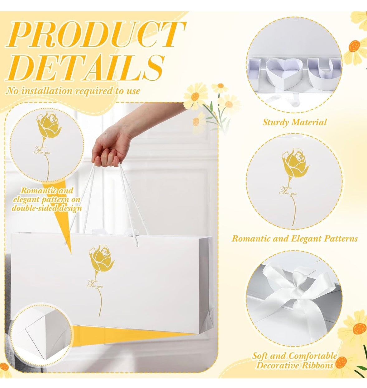 "I Love You" Box Cardboard 3 Fillable Flower Box 3 Gift Bags 3 Greeting Cards Raffia Paper Shreds for DIY Valentine's Day Wedding Bridal Shower Birthday Chocolate Gifts Packaging