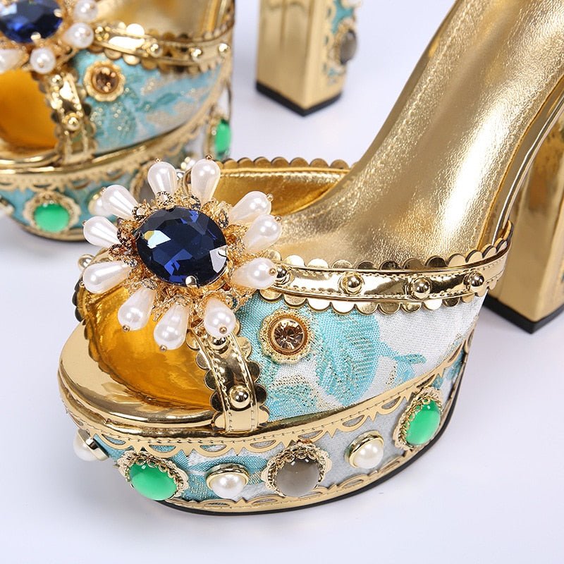 Summer Leather women sandals gold roman gladiator sandals square heel pearl sandles women platform sandals big size 41 42