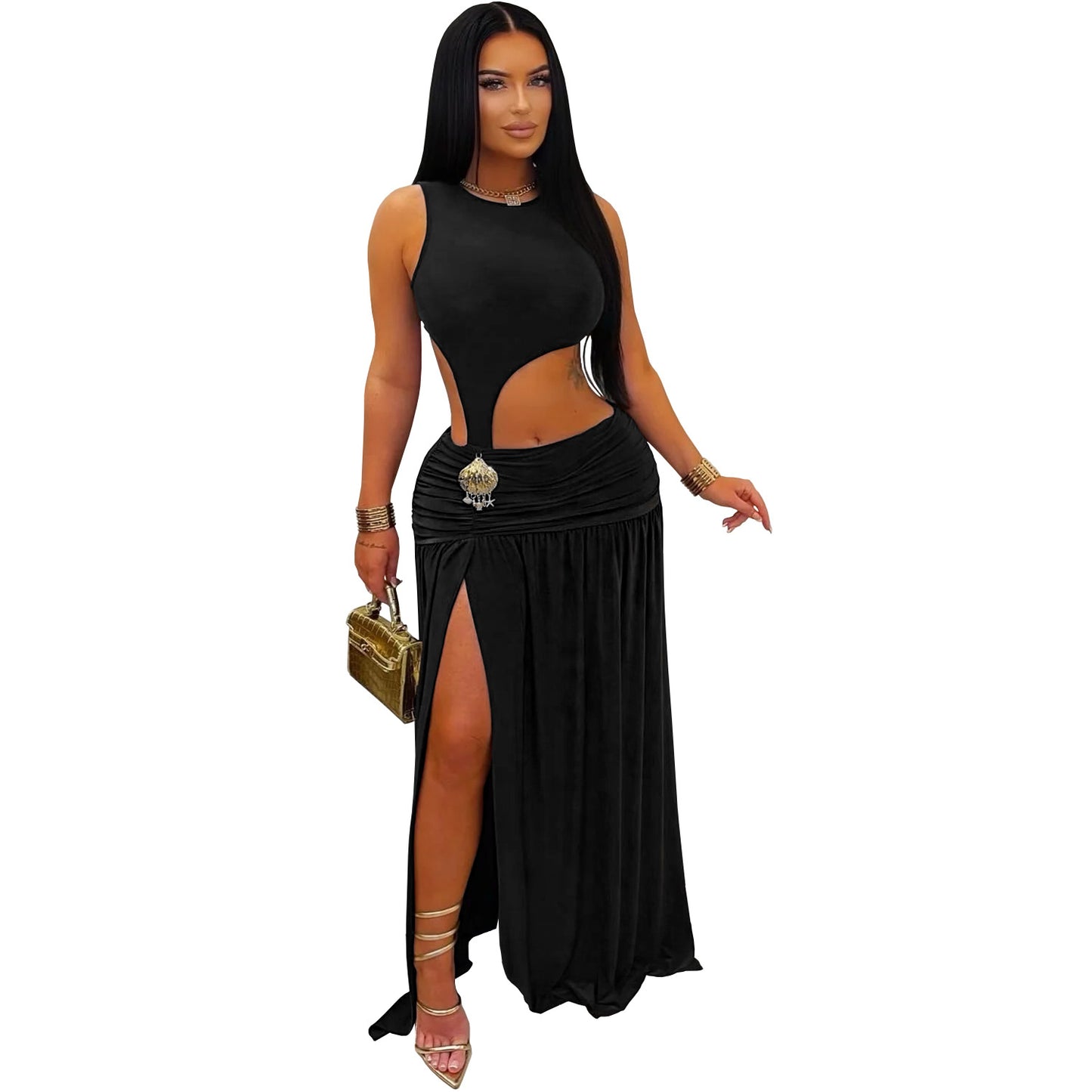 Fashion Women's Sexy Solid Color Sleeveless Crop Open Fork Dress