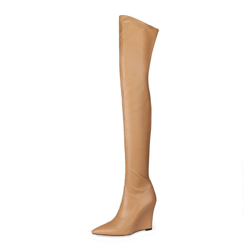 Elegant Woman Thigh High Botas Outdoor Wedges Leather Slip-on Ladies Shoes Thick Bottom Over-knee Boots Big Size 33-43