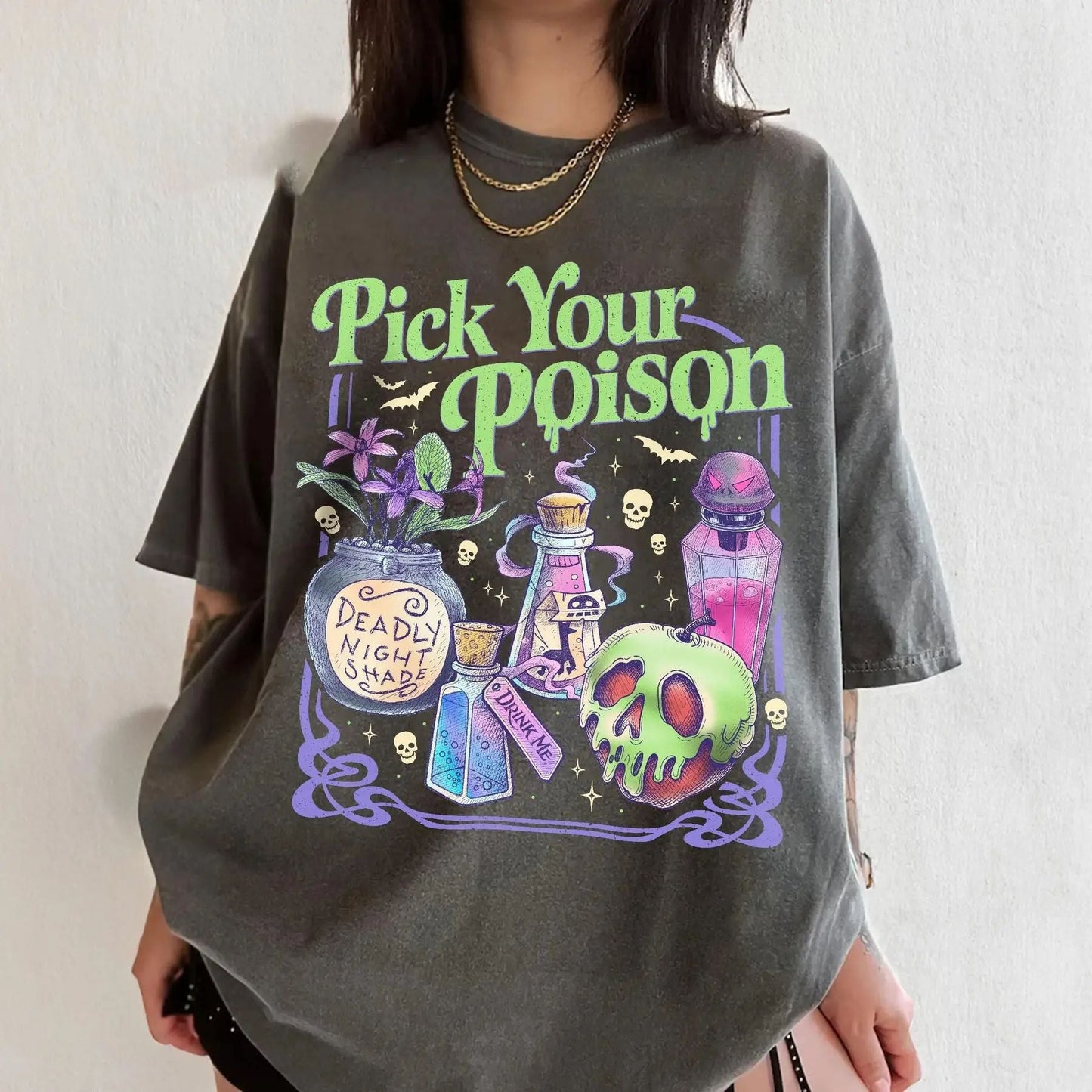 'Pick Your Poison' Vintage Disney Villain Tee – Halloween Potion Shirt, Wicked Humor Top, Spooky Retro Apparel