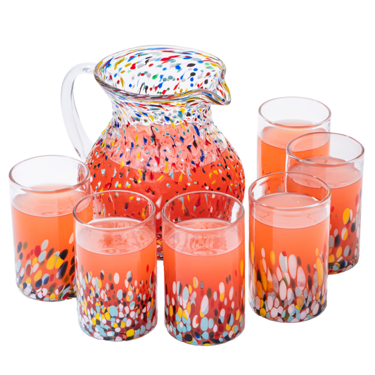 The Wine Savant Hand Blown Mexican Drinking Glasses and Pitcher – Set of 6 with Mexican Confetti Design (14 oz each) and Pitcher (84 Ounces) (Confetti)-0