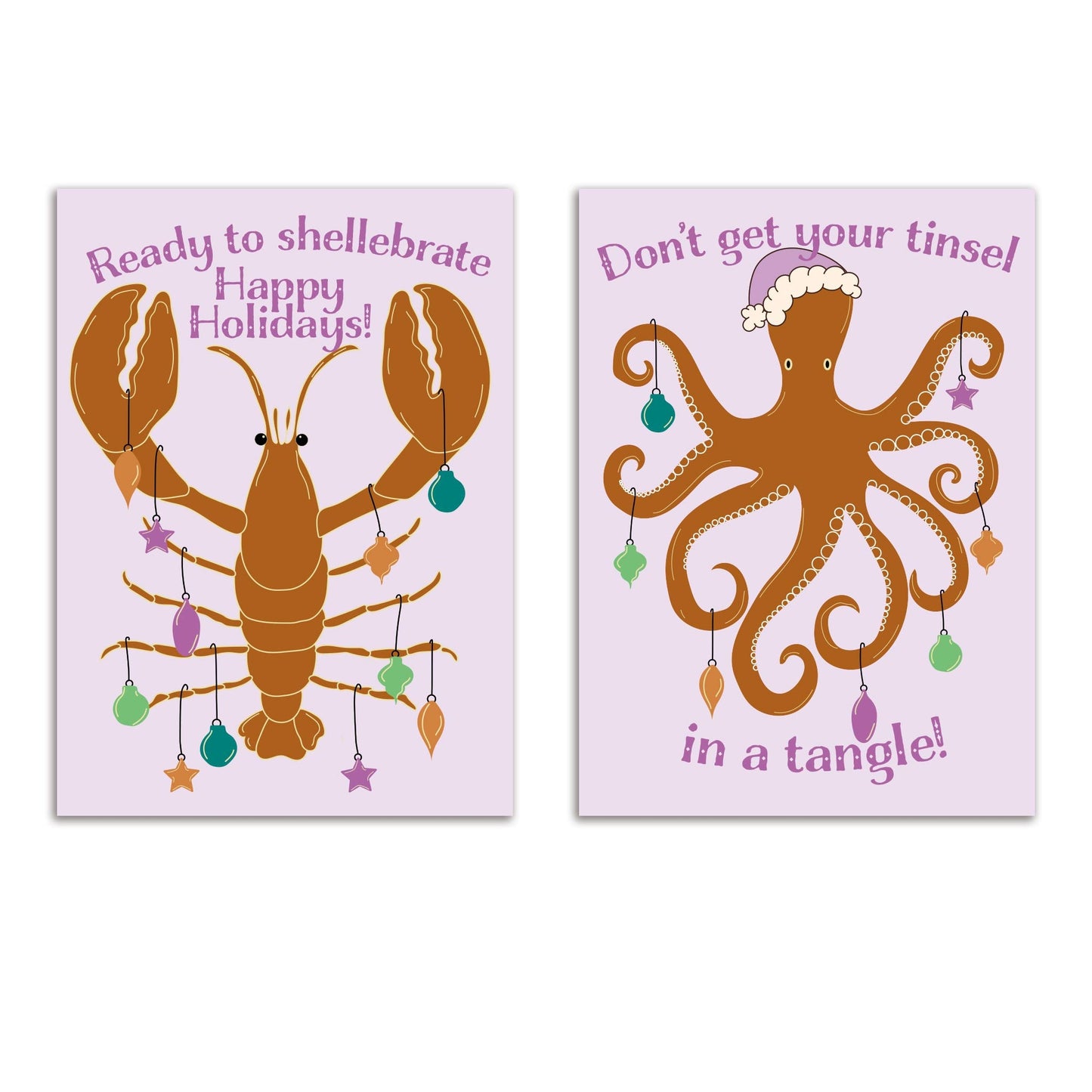 Lobster and Octopus Christmas Greeting Cards, Set of 24