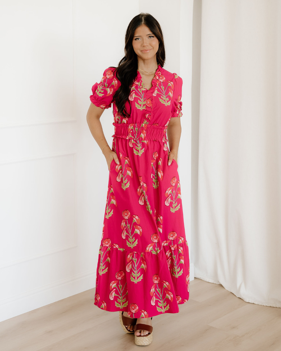 Neve Floral Print Frilled V Neck Short Sleeve Ruffle Maxi Dress