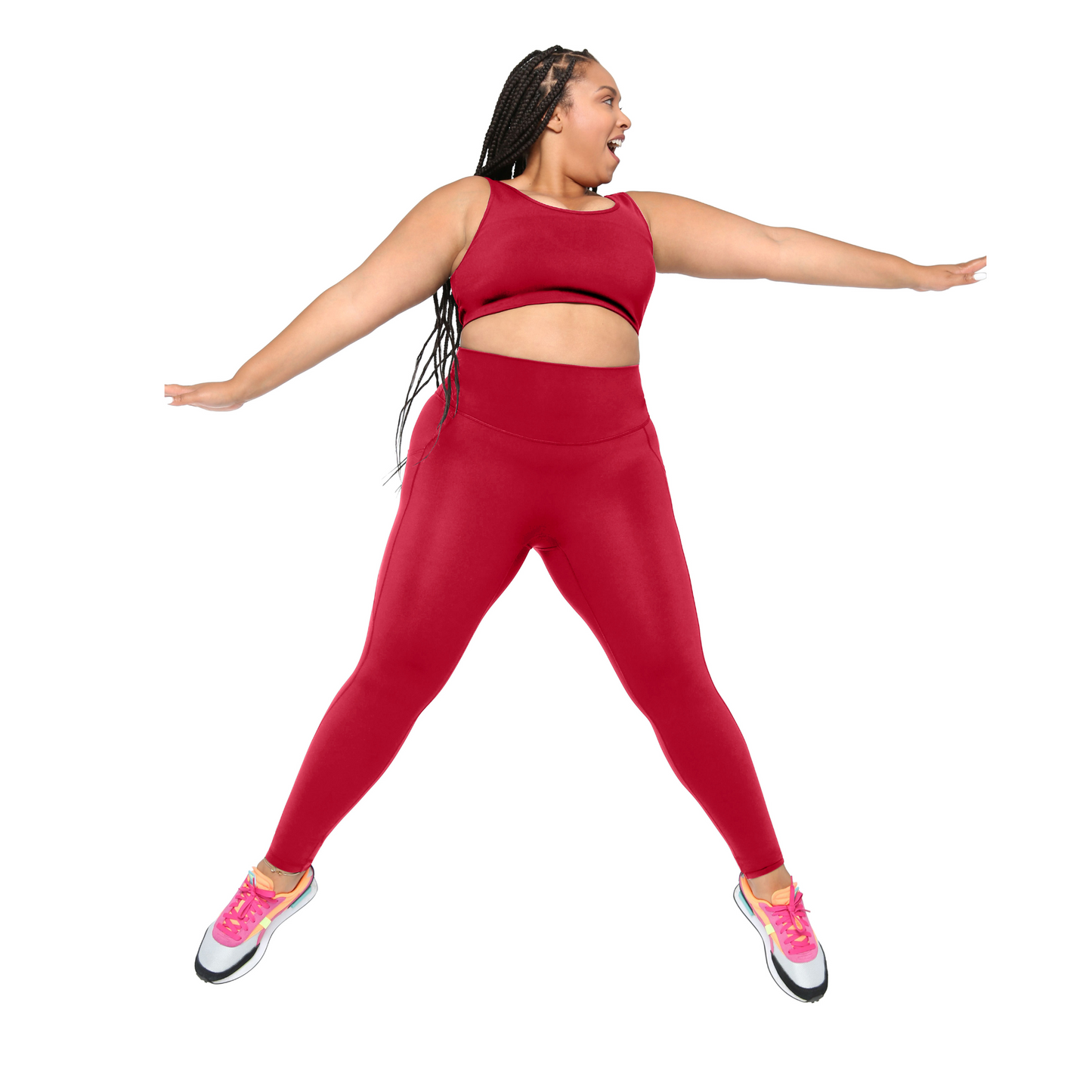 plus size Woman wearing a red athletic outfit on a white background