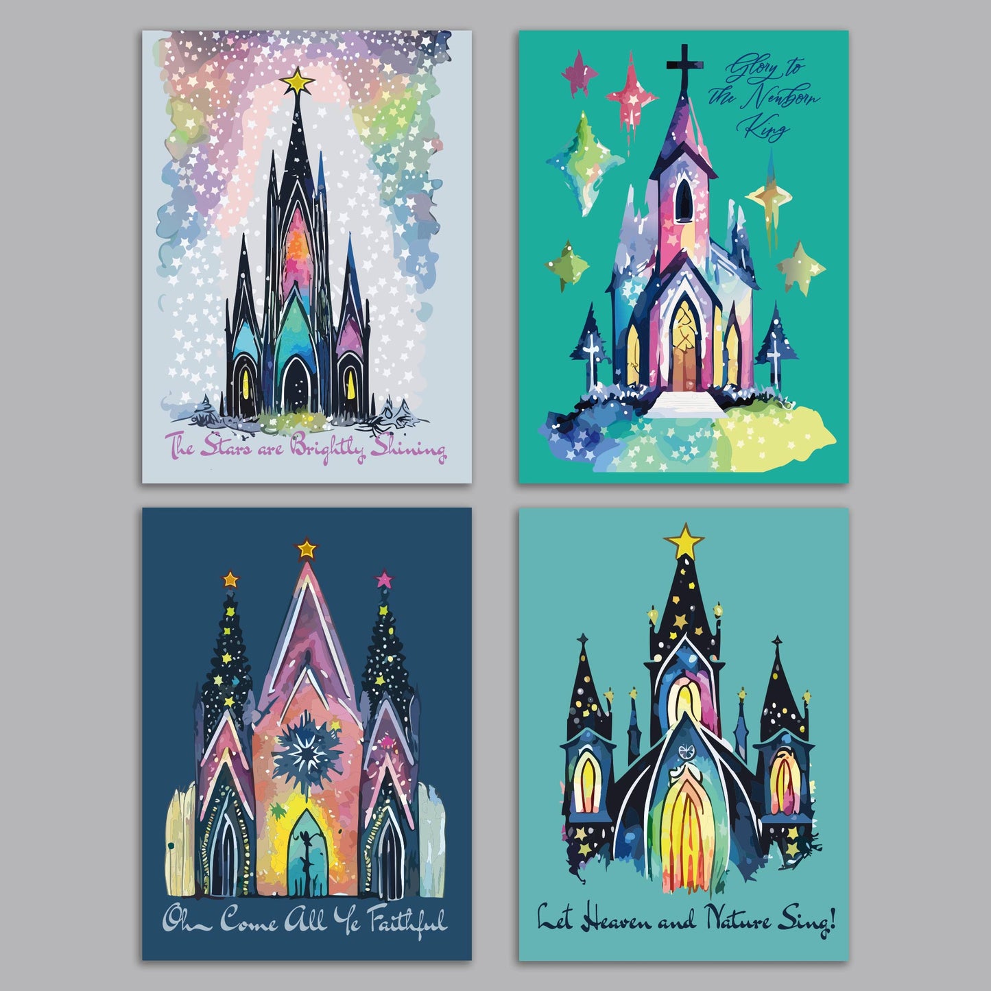Whimsical Church Christmas Greeting Cards, Set of 24