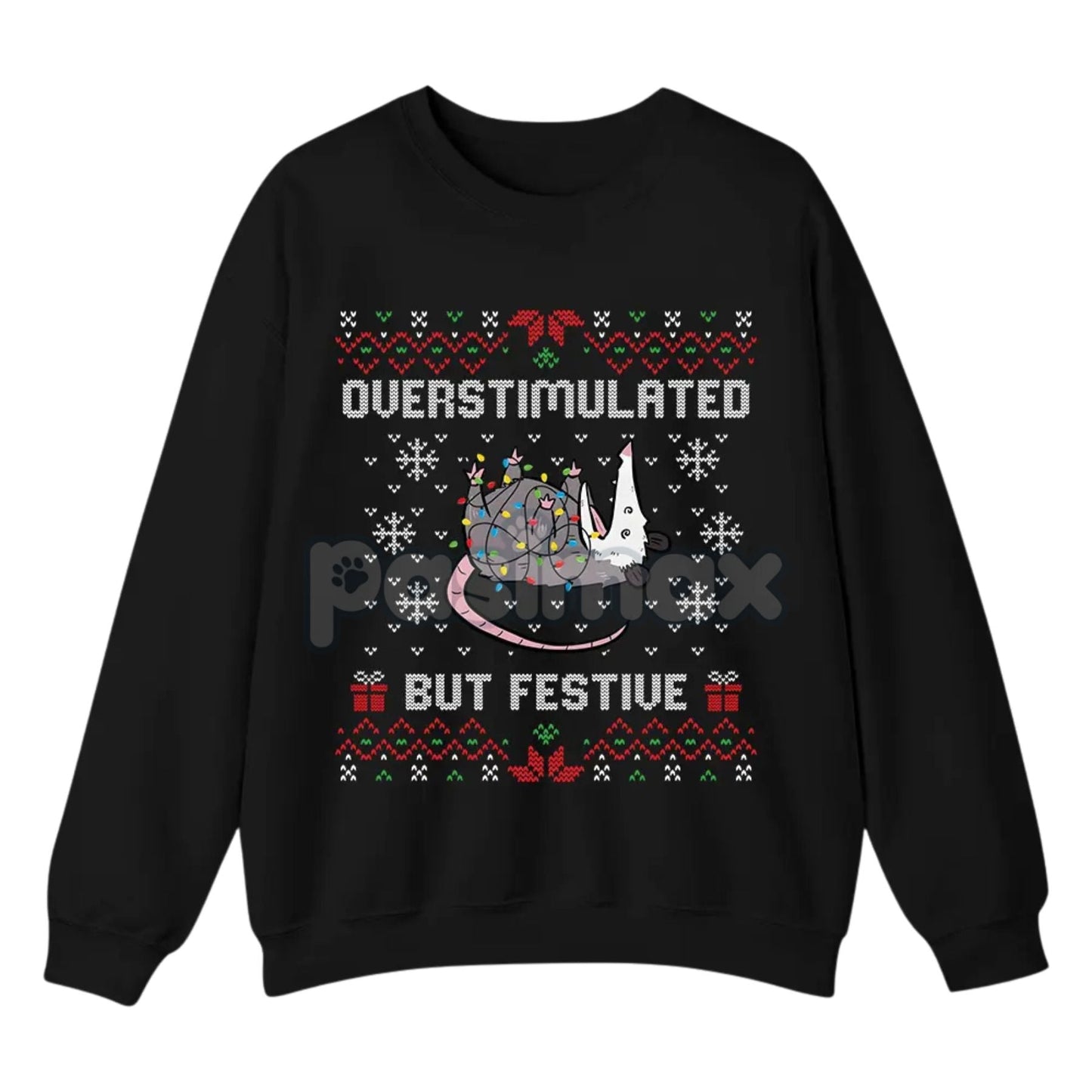 Funny Opossum Christmas Sweatshirt – "Overstimulated But Festive" Ugly Holiday Top