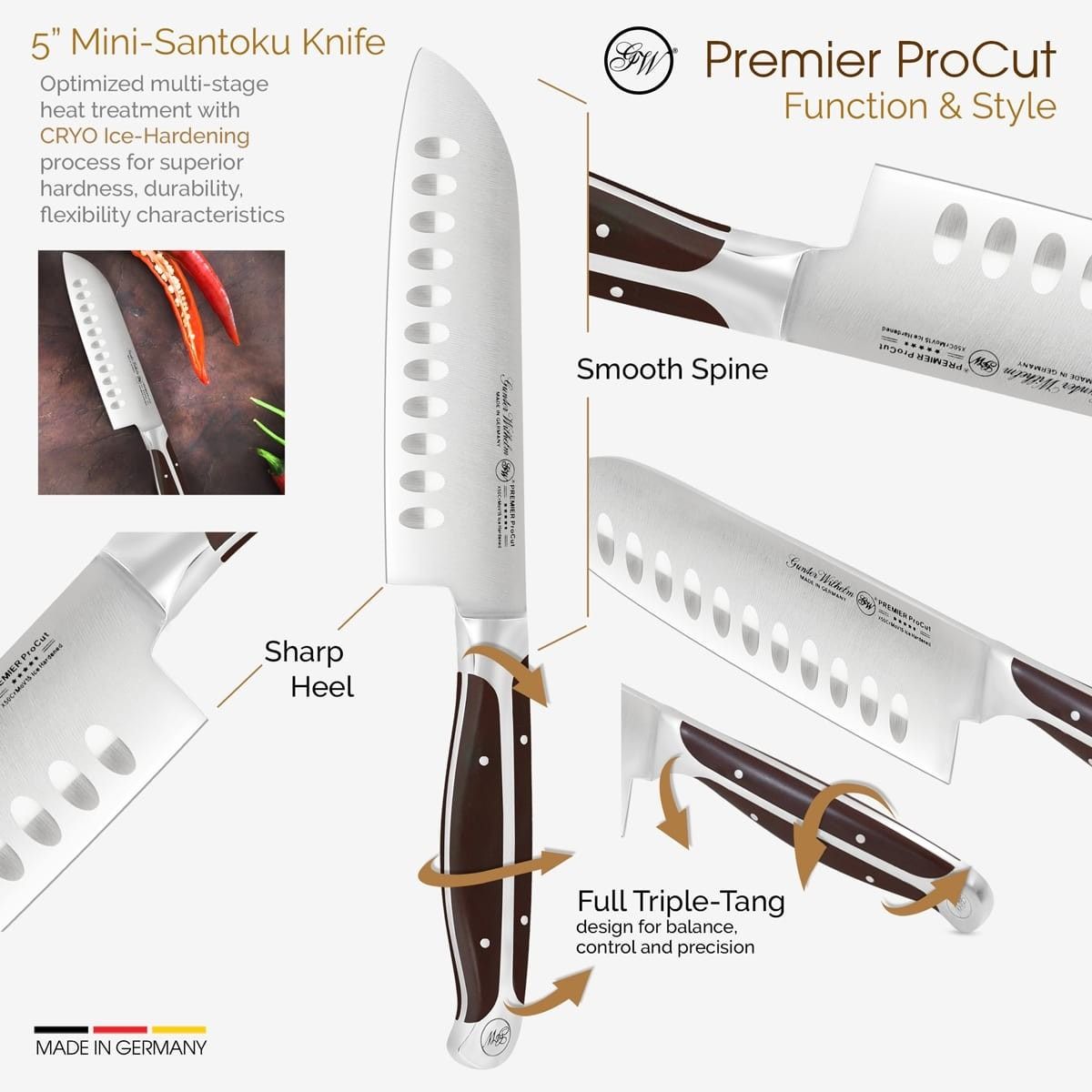 Gunter Wilhelm Premier Santoku Knife, 5 Inch | Dark Brown ABS Handle SKU: 30-317-0405-3