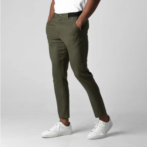 Comfortable Solid Color Pants Elegant Slim Fit Men's Business Trousers With Elastic Waist Button Closure Pockets