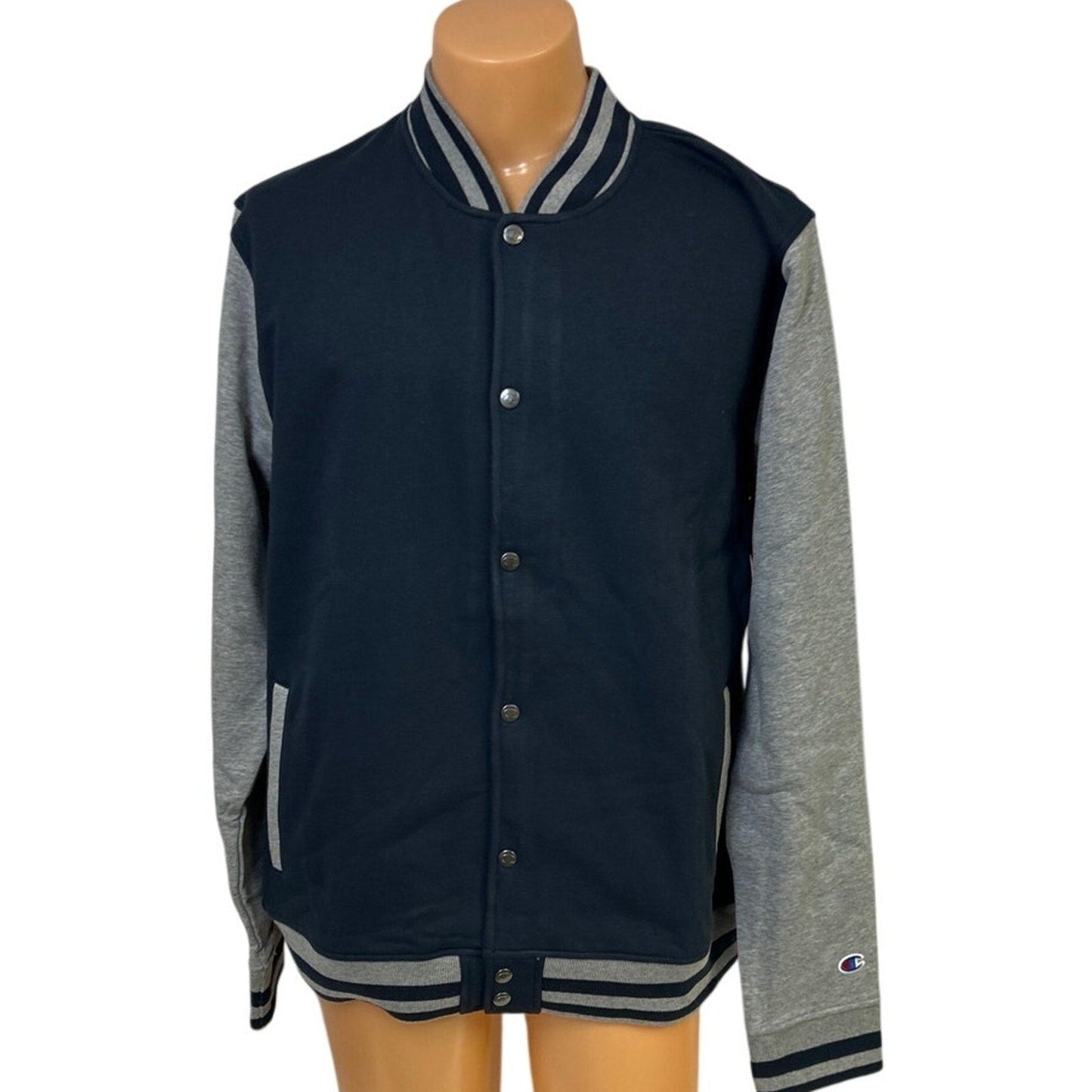 New Champion Mens Medium Navy Gray SnapUp PolyCotton Athletic Wear Bomber Jacket