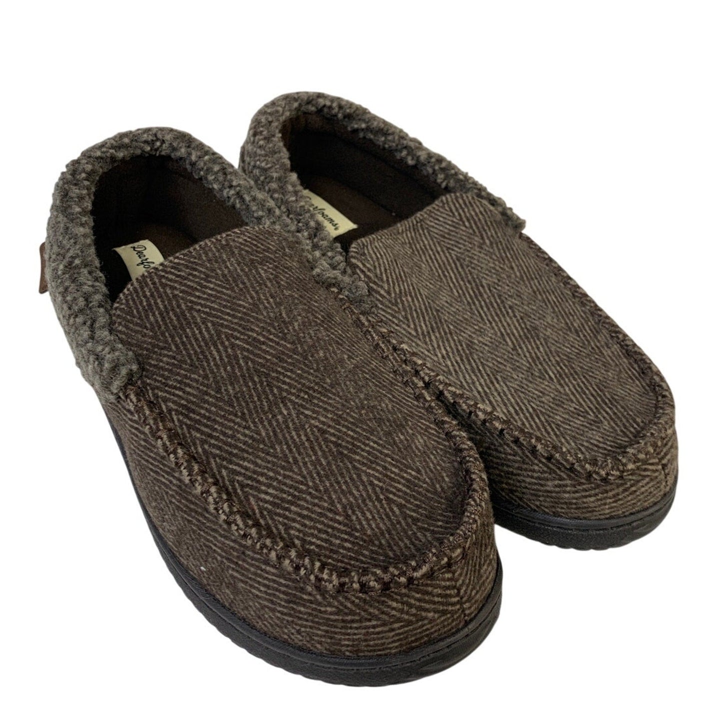 Dearfoams Mens Medium 9/10 Brown Tweed Memory Foam Washable Moccasin Slippers