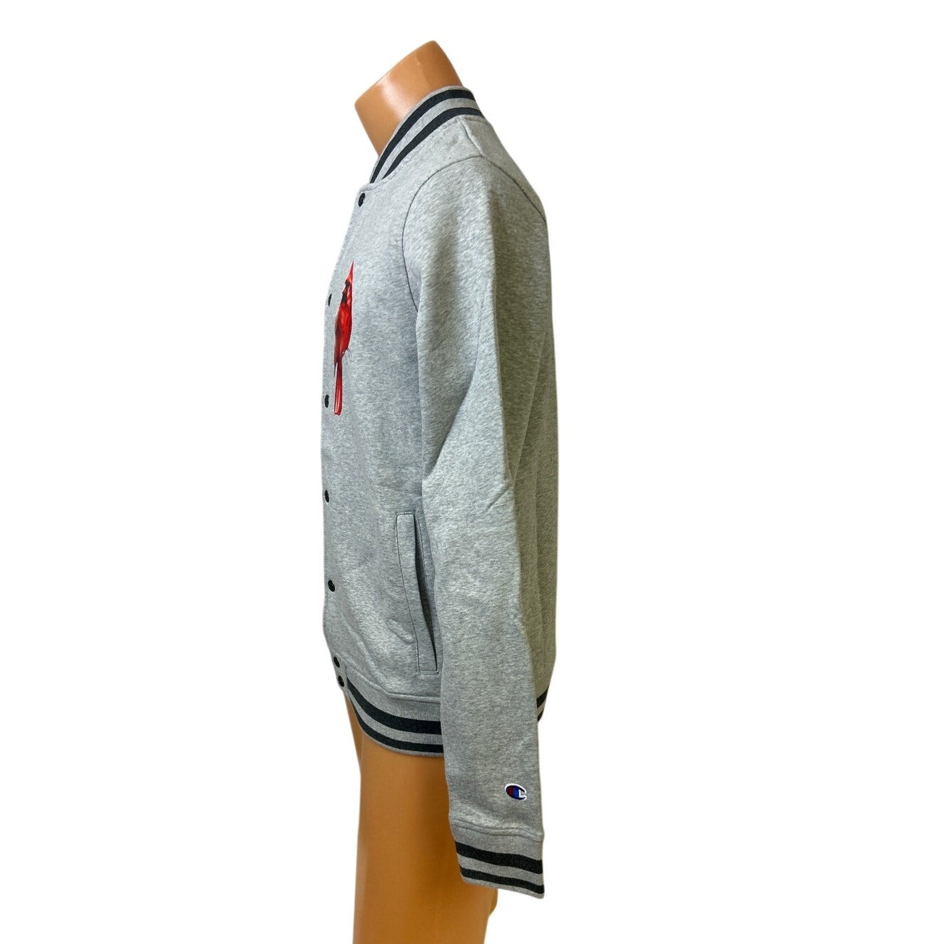 New Champion Mens Small Gray Snap Up Hand Printed Cardinal Bird Bomber Jacket
