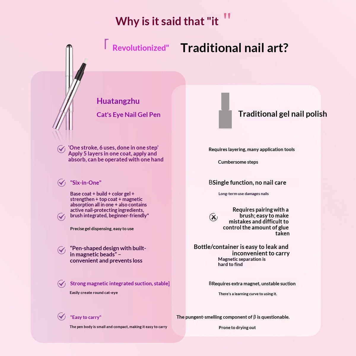 An infographic comparing Huatangzhu Cat's Eye Nail Gel Pen with traditional gel nail polish, presented on a pink and lavender gradient background. The Huatangzhu pen is shown on the left with its magnetic cap, and the traditional method is shown on the right with its bottle and brush.