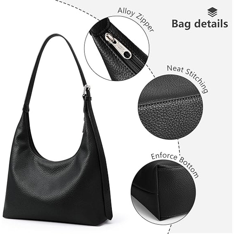 Kalidi Womens Black Faux Leather Adjustable Strap Zipper Close Crescent Tote Bag
