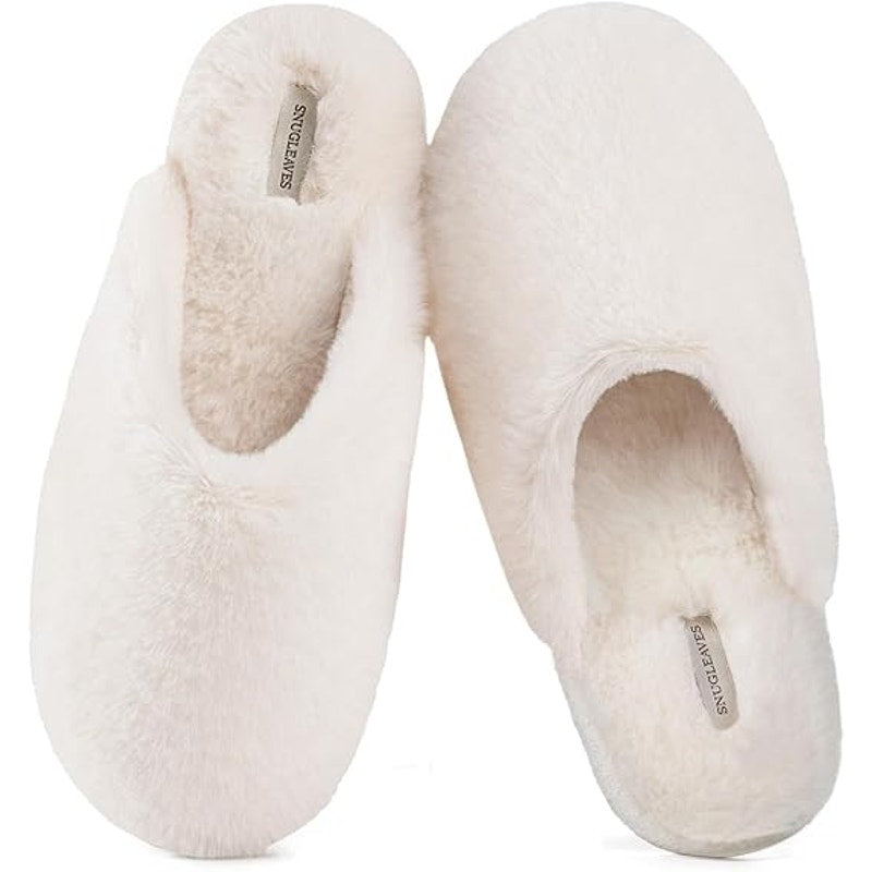 Snug Leaves Women's Size 5/6 White Slide On Fuzzy Memory Foam House Slippers
