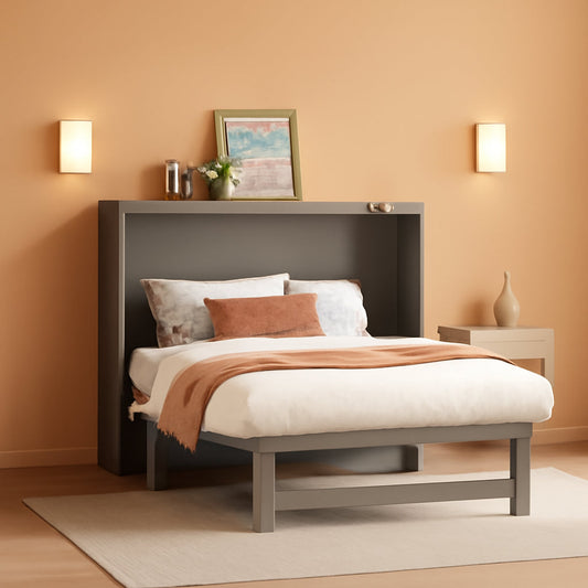 Gray Full Size Murphy Bed With Foldable Integrated USB Port Shelves-0