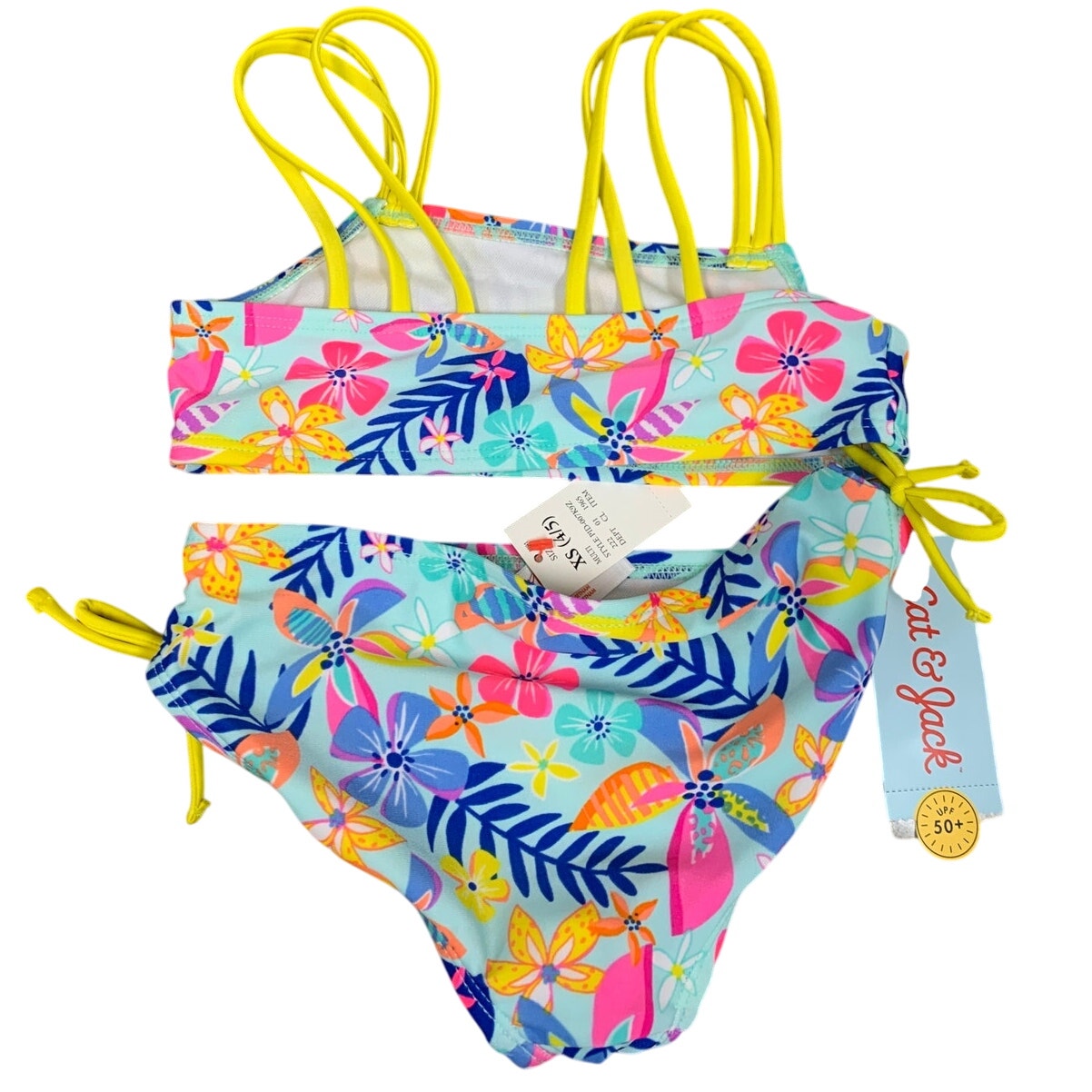 New Cat & Jack Girls XS (4/5) UPF 50+ Blue Pink Floral Bikini 2PC Swimsuit