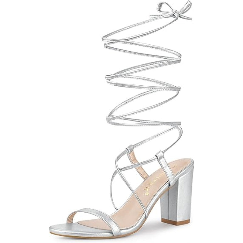 Allegra K Womens Size 9 Silver 3.5" Chunky Heel Lace Up Open Round Toe Shoes
