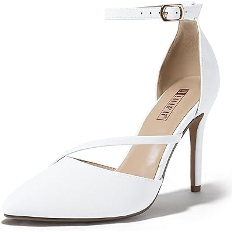 Idifu Womens 5.5 White 3.5" Stiletto Heel Pointed Closed Toe Ankle Strap Shoes