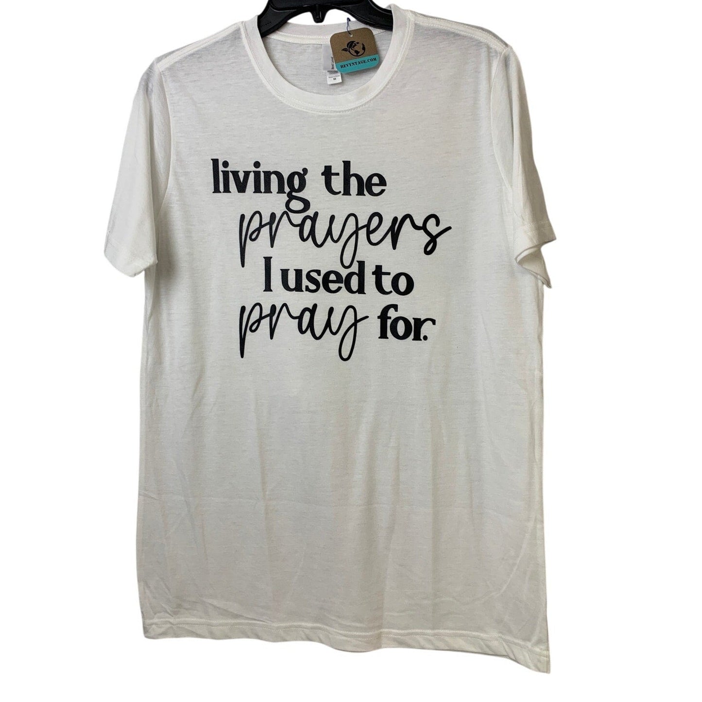 New Hand Printed Womens Medium White Living Prayer Pray PolyCotton Crew Neck Tee