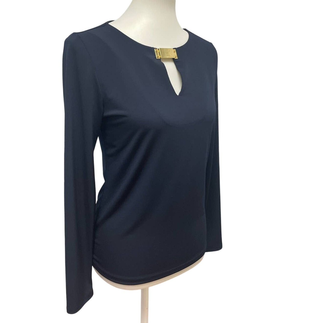 Michael Kors Small Navy Long Sleeve Keyhole Gold Charm Polyester V-Neck Blouse