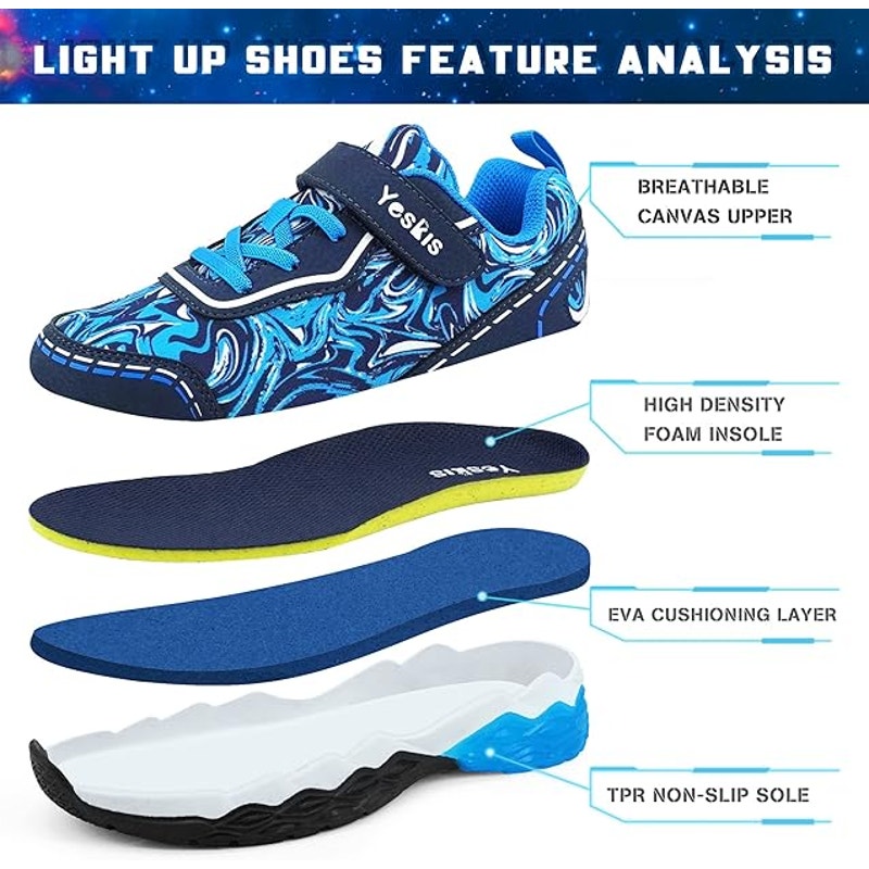 Yeskis Boys Size 3 Blue Swirl Light Up Hook Loop Elastic Lace Slide On Shoes