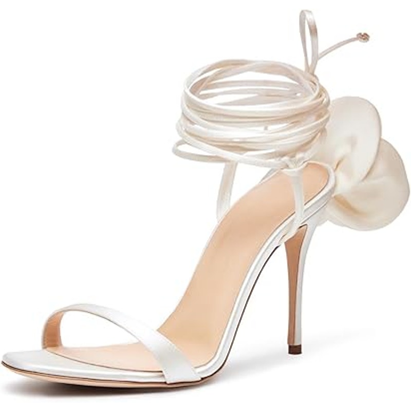 New Iadore Womens Size 10 White Wedding Satin Rose Open Toe 4.5" High Heel Shoes