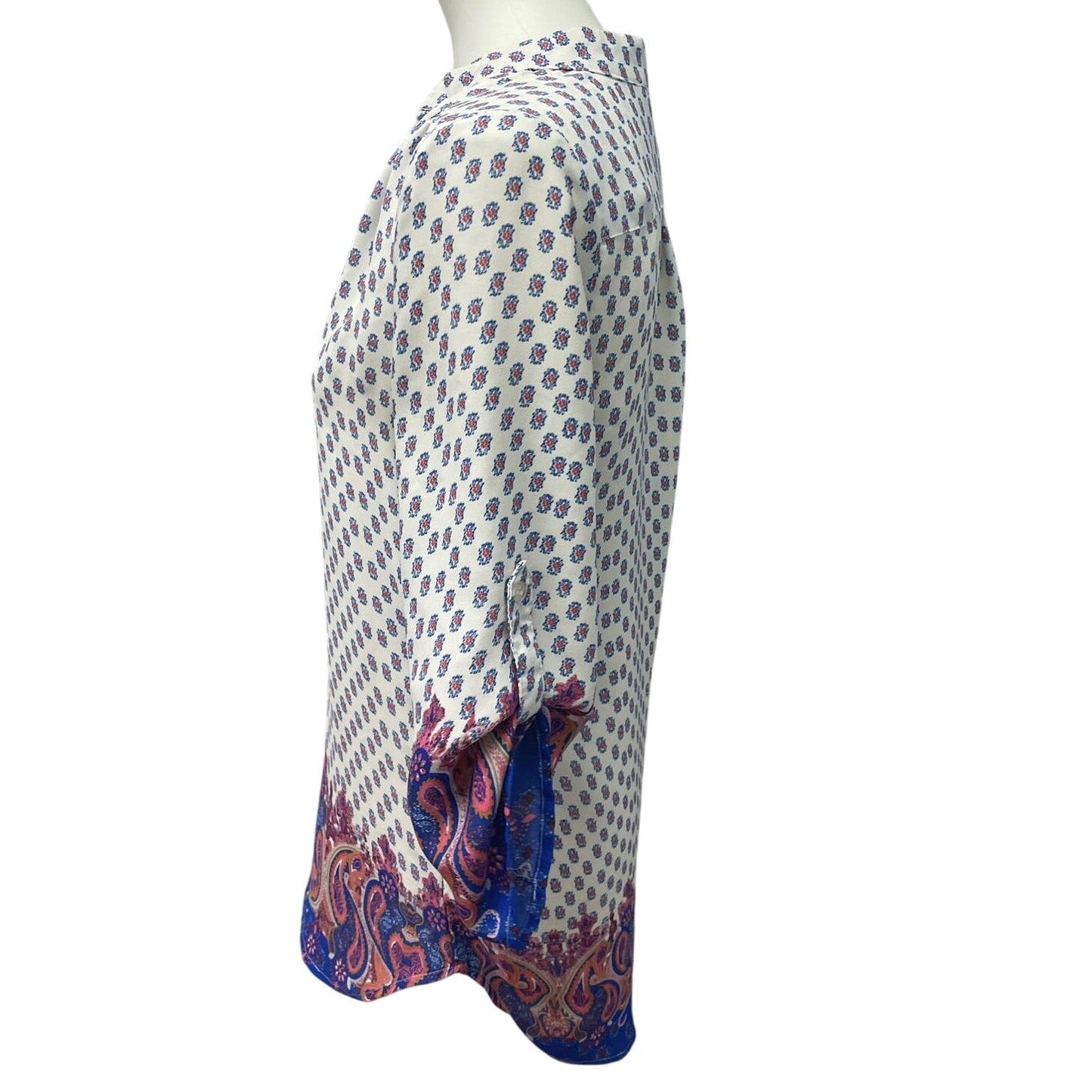 Wishful Park Small Red Blue White Floral Polka Dot Hi Low 1/2 Button Blouse Top