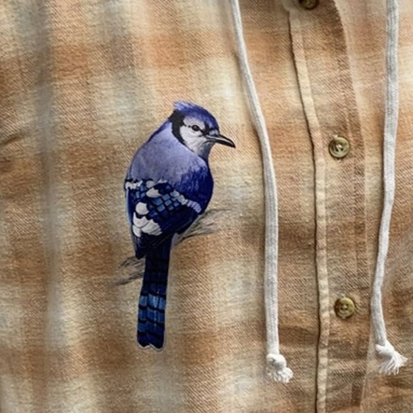 New Hand Printed Womens Small Blue Jay Bird Plaid Flannel Long Sleeve Hoodie