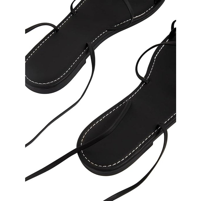 Gorglitter Womens Size 10.5 Black Faux Leather Gladiator Ankle Wrap Flat Sandals