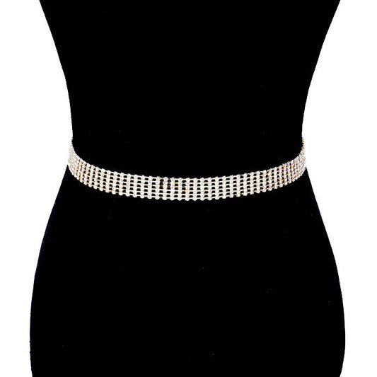 6 Row Crystal Embellished Rhinestone Pave Chain Belt Glamorous Rhinestone Belt