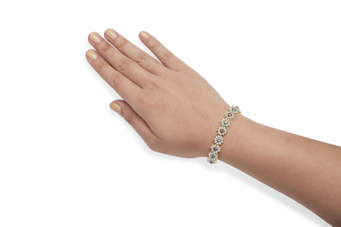 14K Yellow Gold 8.00 Cttw Champagne Diamond Floral Cluster Halo Link Bracelet (H-I Color, I1-I2 Clarity)-2