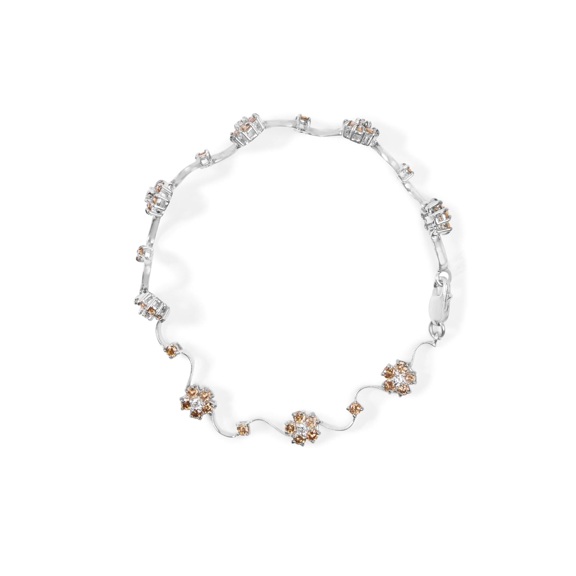 10K White Gold 4.0 Cttw Champagne and White Diamond Floral Cluster and Station Link Bracelet (H-I Color, SI2-I1 Clarity) - 7" Inches-3