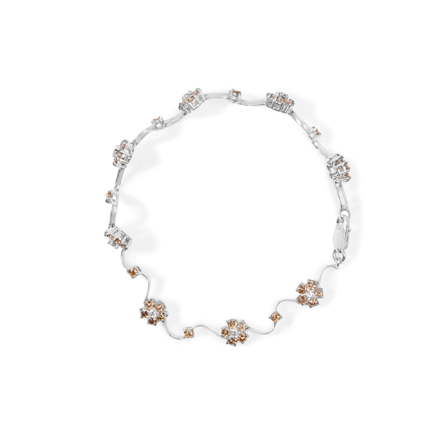 10K White Gold 4.0 Cttw Champagne and White Diamond Floral Cluster and Station Link Bracelet (H-I Color, SI2-I1 Clarity) - 7" Inches-3