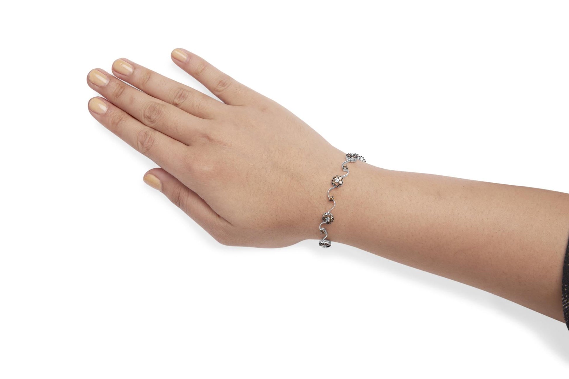10K White Gold 4.0 Cttw Champagne and White Diamond Floral Cluster and Station Link Bracelet (H-I Color, SI2-I1 Clarity) - 7" Inches-2