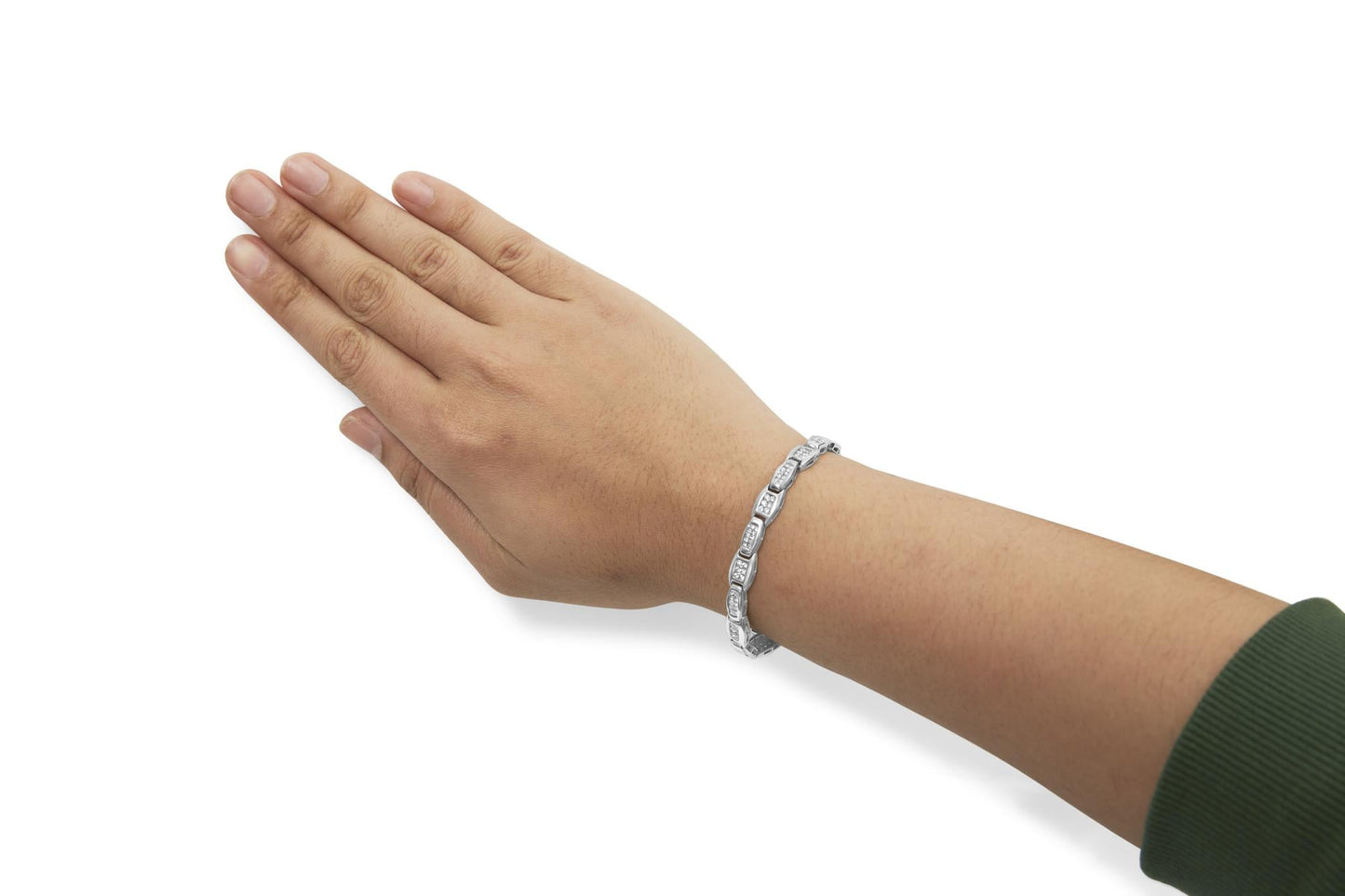 14K White Gold 2-1/2 Cttw Round-Brilliant & Baguette Cut Diamond 7" Alternating Flared Links Tennis Bracelet (H-I Color, SI1-SI2 Clarity)-2