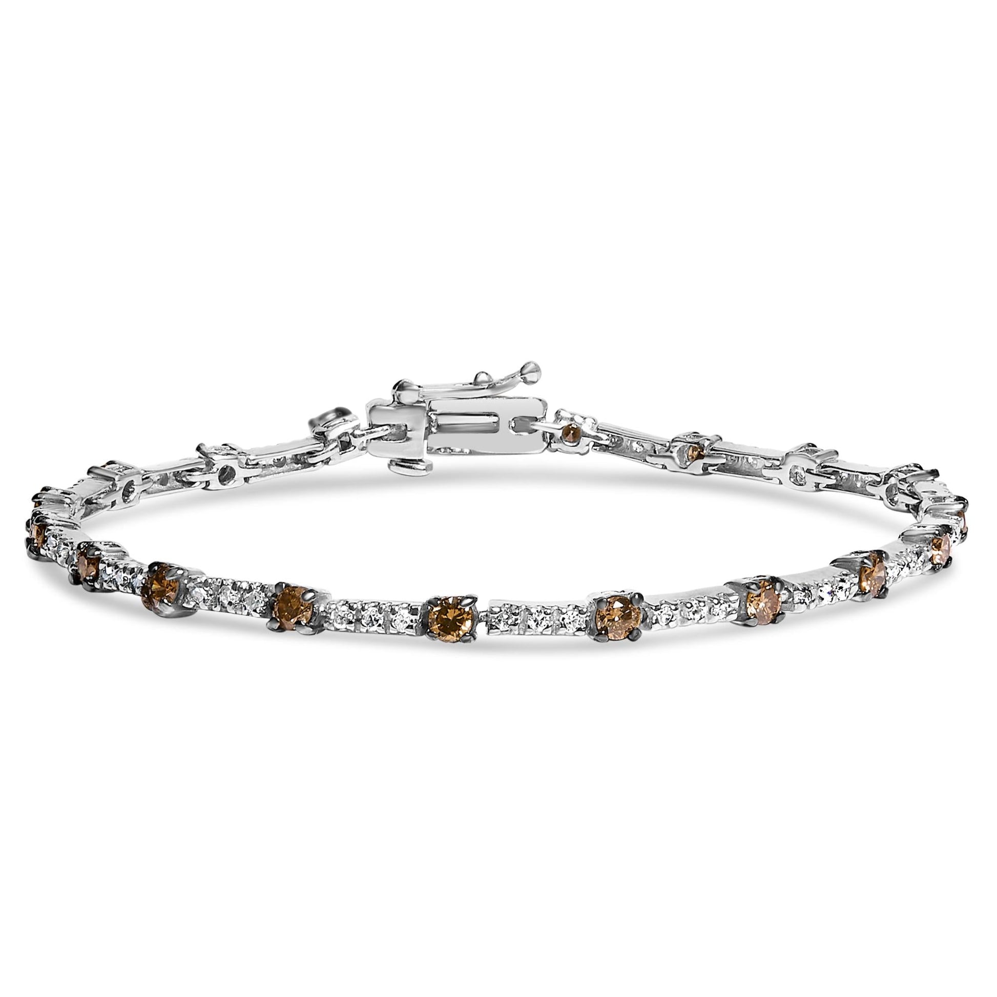 14k White Gold 2 1/4 Cttw Champagne Diamond Bar Link 7" Bracelet (Champagne Color, I1-I2 Clarity)-0