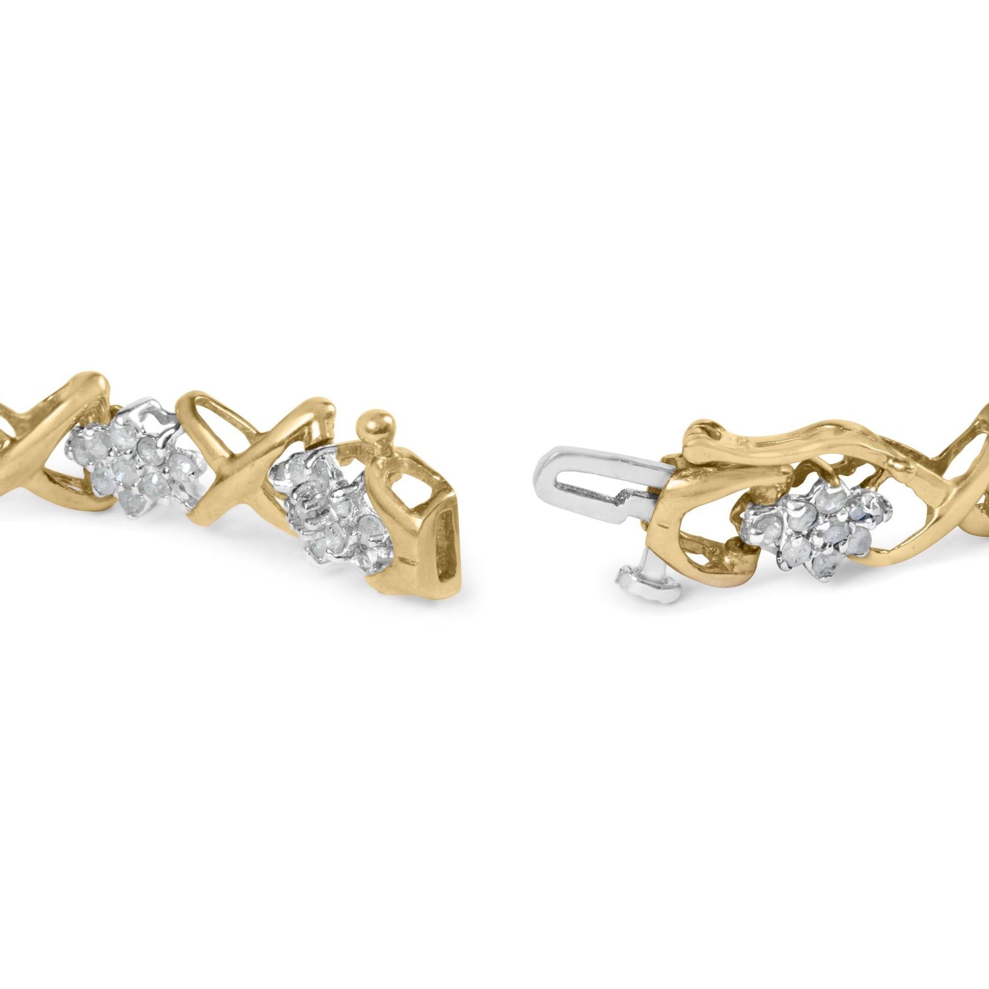 10k Yellow Gold 2.00 Cttw Diamond Cluster and Alternating "X" Link Bracelet (I-J Color, I3 Clarity) - 7"-1