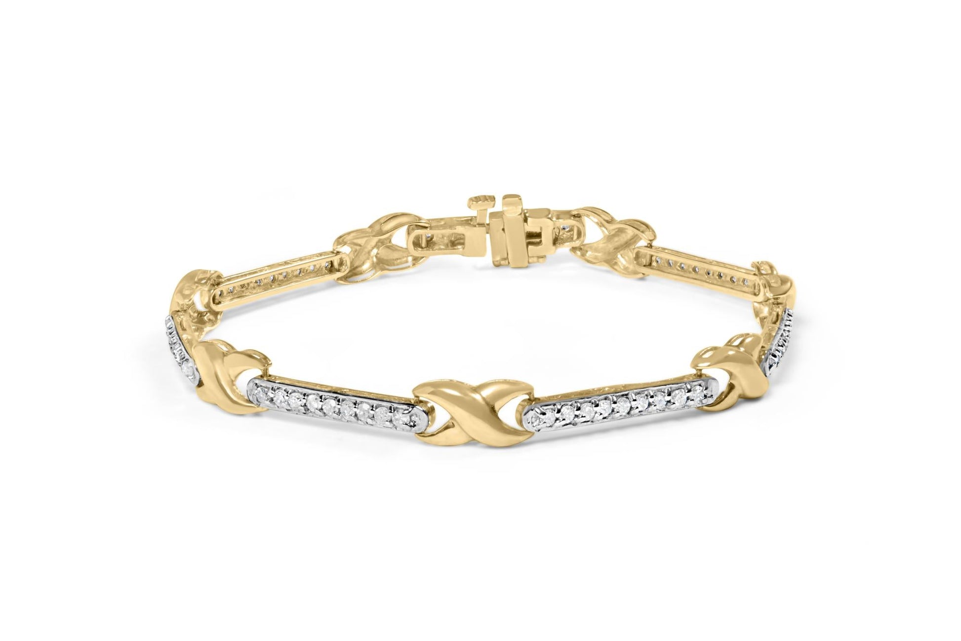 10K Yellow Gold 1.00 Cttw Pave Set Diamond Bar and  X-Link 7" Bracelet (I-J Color, I3 Quality)-0