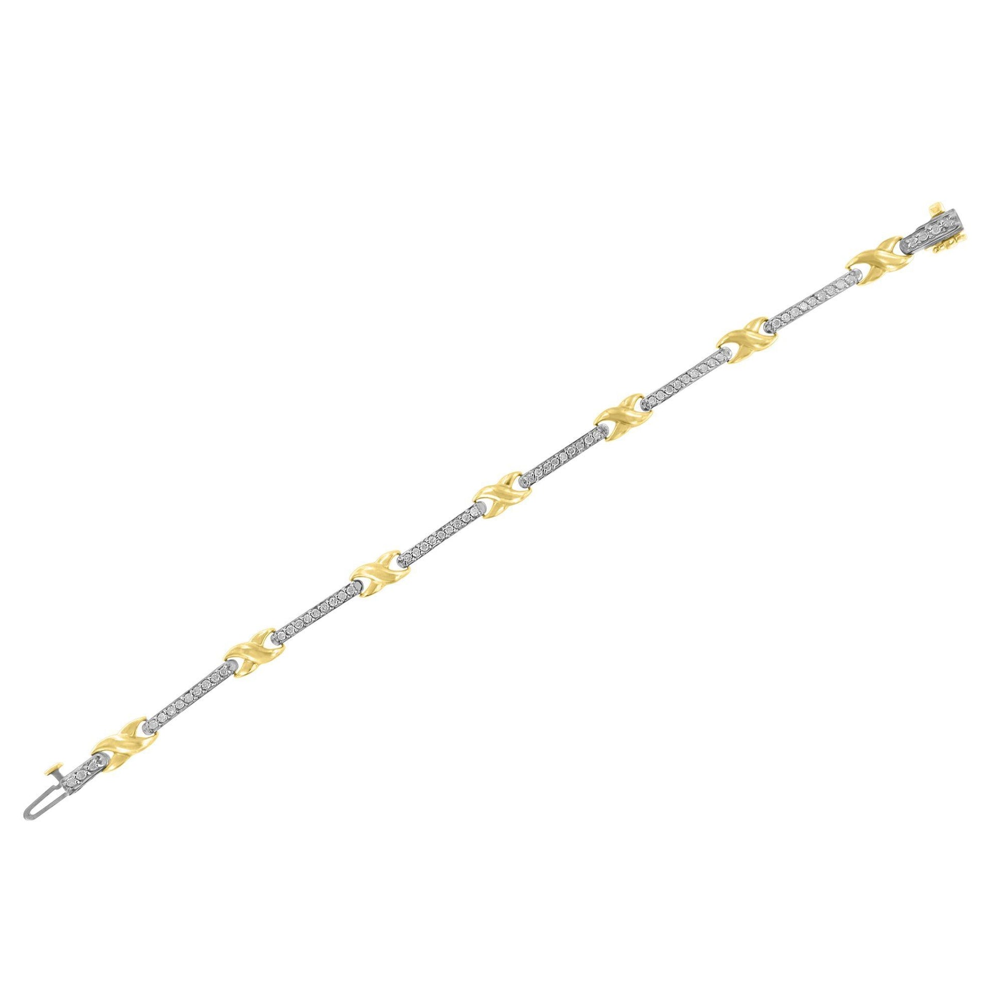 10K Yellow Gold 1.00 Cttw Pave Set Diamond Bar and  X-Link 7" Bracelet (I-J Color, I3 Quality)-4